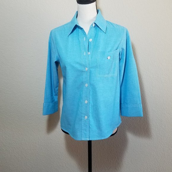 Coldwater Creek Blue Button Down Shirt P XS Top 3/4 Sleeve Womens 100% Cotton - Picture 5 of 5